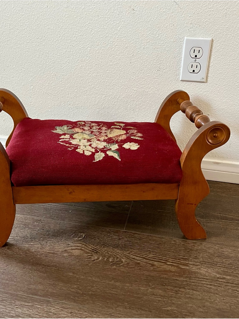 Wooden Floral Needlepoint Footstool - Burgundy Upholstery